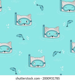 Funny seamless pattern with cats and fish. Cat diver. Cat in underwater mask. Children's summer vector illustration.