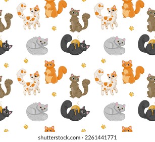 Funny seamless pattern with cats. Repeating template with cute fluffy kitten, paws and playful pets. Beautiful animals. Design element for printing on fabric or paper. Cartoon flat vector illustration