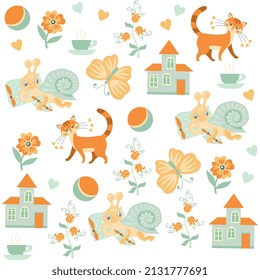 Funny seamless pattern with cats, snails, butterflies, houses, balls, flowers in orange and light green colors isolated on white background in vector. Print for fabric, wallpapers for baby.