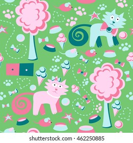 Funny seamless pattern with cats and trees