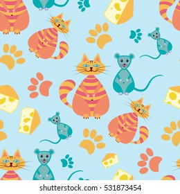 Funny seamless pattern with cats,mice,cheese and traces on blue background.Vector illustration for children.Print for fabric,textile, paper.
