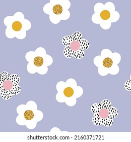 Funny seamless pattern with chamomiles. Childish summer print. Vector hand drawn illustration.
