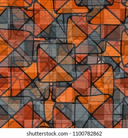 Funny seamless pattern. Chaos consisting of squares and triangles. Multicolored. Striped network.