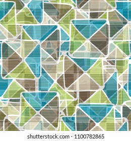 Funny seamless pattern. Chaos consisting of squares and triangles. Multicolored. Striped network.