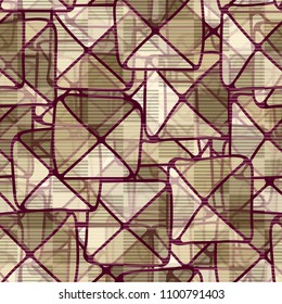 Funny seamless pattern. Chaos consisting of squares and triangles. Multicolored. Striped network.
