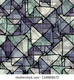Funny seamless pattern. Chaos consisting of squares and triangles. Multicolored. Striped network.