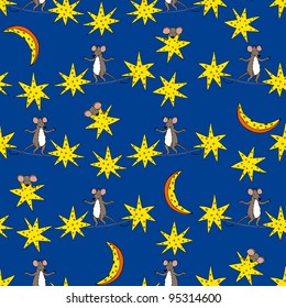 Funny seamless pattern with cheese stars, moon and mice