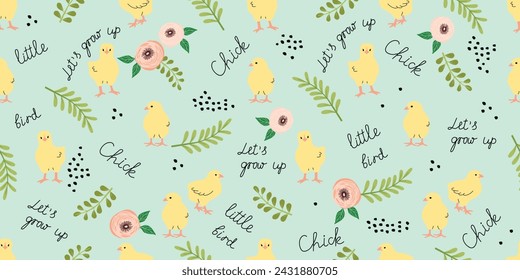 Divertido patrón sin fisuras con pollito, letras de mano y elementos florales. Fondo de dibujos animados con animales lindos, flores, ramitas, escritos a mano y puntos. Plantilla de banner de verano de primavera. Ilustración dibujada a mano. 