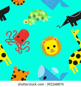 Funny seamless pattern in child style with the image of a variety of cute animals - giraffe, anteater, turtle, tiger, lion, whale and octopus.
