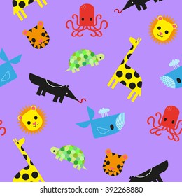 Funny seamless pattern in child style with the image of a variety of cute animals - giraffe, anteater, turtle, tiger, lion, whale and octopus.
