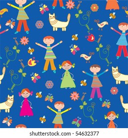 Funny seamless pattern with children and cat
