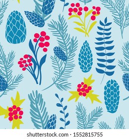 Funny seamless pattern of christmas decoration. Colorful holiday spruce paws, cones and mistletoe on a blue background.