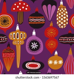 Funny seamless pattern of christmas decoration. Colorful holiday tree toys on a purple background.