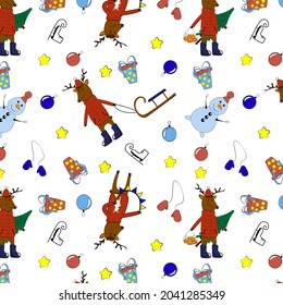 funny seamless pattern for Christmas and new year funny reindeer and snowman