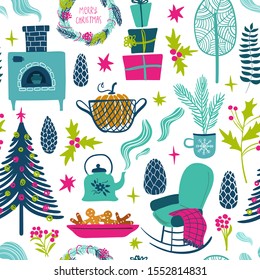 Funny seamless pattern of christmas symbols. Colorful winter holiday elements on a white background.