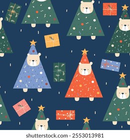 Funny seamless pattern with Christmas tree and bear. Holiday print. Vector hand drawn illustration.