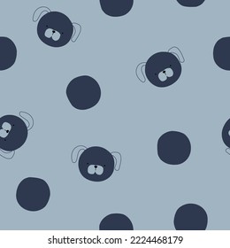 Funny seamless pattern with circles and dogs. Childish abstract blue print. Vector hand drawn illustration.
