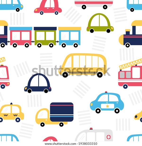 Funny seamless\
pattern with city transport. Cute cartoon background for kids.\
Nursery style. Vector\
illustration
