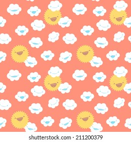 Funny seamless pattern with clouds and smiling sun. Design for kids.