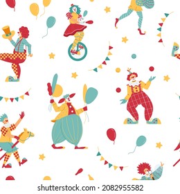 Funny seamless pattern with clowns in the circus, cartoon flat vector illustration. Cute background for childrens design. Actors in clown costumes riding the unicycle and blowing up a soap bubble.