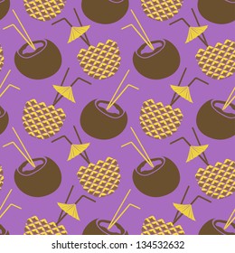 Funny seamless pattern of coconut and pineapple cocktails