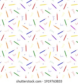 Funny seamless pattern of colored Pencils and creative elements on white background. Abstract pattern with Pencils. Back to school background. Bright Vector illustration in cartoon style