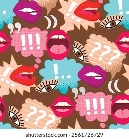 Funny seamless pattern with colorful female lips and eyes.Cartoon background with speech bubbles and punctuation marks.Vector Pop Art style design for printing on fabric and paper.Flat  illustration.