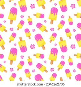 Funny seamless pattern with colorful ice creams on stick. Yellow, pink and white colors. Positive summer mood. Endless design. Print for textile, clothes, gift wrap, cards, design and decor. 