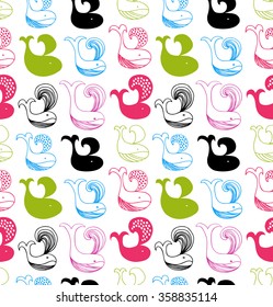 Funny seamless pattern with colorful whales silhouettes. Decorative marine texture