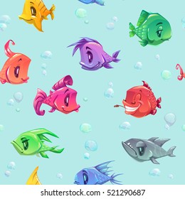 Funny seamless pattern with comic cartoon colorful fishes and bubbles on blue background. Vector underwater textile. Endless undersea illustration.