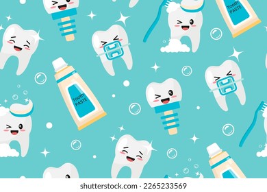 Funny Seamless Pattern, concept of Health and care for children's Teeth. Kawaii characters. For your design of packaging, wallpaper, paper, fabric, wrapper. Vector illustration.