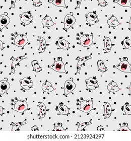 Funny seamless pattern with cool doodle monsters and aliens. Design wallpaper for baby boy bedroom or playroom. Print for children's clothing, bed linen. Space drawings for the nursery.