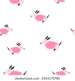 Funny seamless pattern with cool Dutch hound dogs in pink costumes. Cute design with pet characters