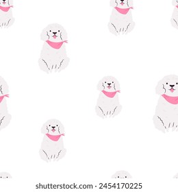 Funny seamless pattern with cool fluffy dogs with pink kerchiefs. Cute design with pet characters