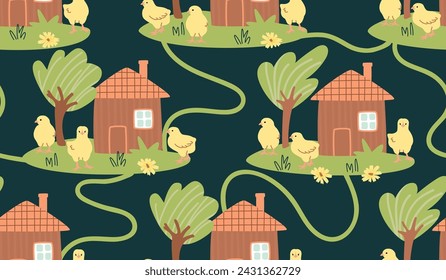 Lustiges nahtloses Muster mit Landhaus, Hühner, Blumen und Bäume.Netter handgezeichneter Hintergrund mit Nutztieren und Pflanzen.Cartoon-Druck auf Stoff und Papier.Vektor-Banner-Vorlage.Kinderzimmer-Wand-Dekor.