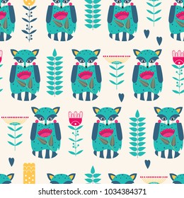 Funny seamless pattern with cute abstract raccoon and flowers. Vector illustration.