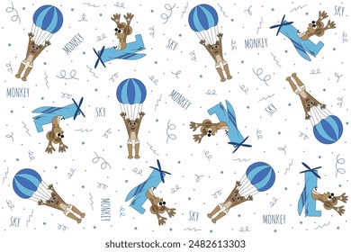 Lustiges nahtloses Muster mit niedlichem Tier. Skydiving-Packpapier. Einfaches naives Design Kindertuch, Bettwäsche T-Shirt-Print. Bearbeitbarer Strich. EPS 10