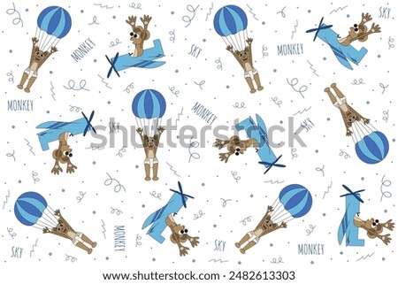 Funny seamless pattern with cute Animal. Scydiving wrapping paper. Simple naive design children's cloth, bed linen t-shirt print. Editable stroke. EPS 10