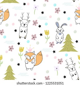 Funny seamless pattern with cute animals fox, hare, deer. Creative kids texture for fabric, wrapping, textile, wallpaper,cards, baby shower, invitations, party, banners, children and room decoration.