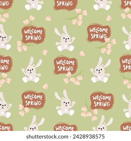 Funny seamless pattern with cute bunny,hand lettering Welcome Spring and flowers.Colorful background for printing on fabric and paper.Nursery wall decor,banner template,cover.Hand drawn illustration.