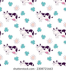funny seamless pattern with cute cartoon cow and shamrock 