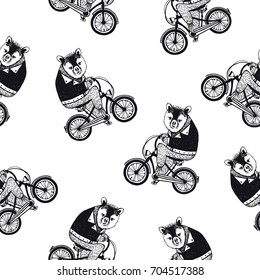 Funny seamless pattern with cute cartoon brown bear dressed in dark shirt riding bike on white background. Hand drawn vector illustration in retro style for wallpaper, fabric print, wrapping paper.