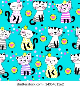 Funny seamless pattern with cute cats for little girl.