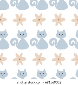 Funny seamless pattern with cute cats and flowers. Blue, brown, white color. Vector illustration.