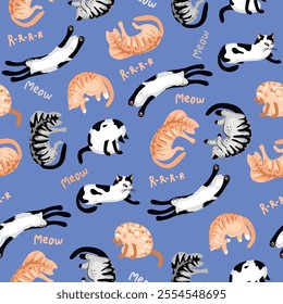 Funny seamless pattern with cute cats.Cartoon characters sleep in different positions. Red, gray, striped, spotted pets and hand written.Background for printing on fabric and paper.Vector design.