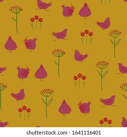 Funny seamless pattern with cute chickens and wildflowers. Baby nursery wallpaper.