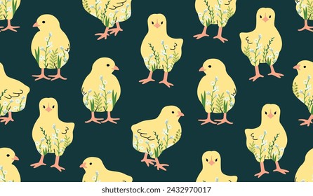Funny seamless pattern with cute chickens decorated floral compositions.Farm animal background for printing on fabric and paper.Nursery decor with cartoon little chick.Vector banner template,cover.