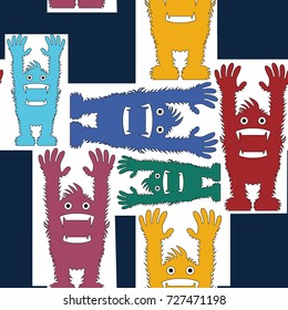 Funny seamless pattern with cute and colorful monsters.Cool vector background for kids.Textile texture