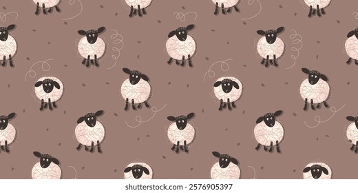 Funny seamless pattern with cute curly sheep. Beige background with texture. Colorful print with animal characters. Vector design for textile,wallpaper,wrapping paper, cover. Flat cartoon illustration