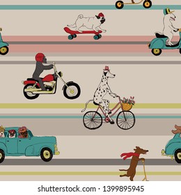 Funny seamless pattern with cute dogs driving car, riding bike, scooter, motorcycle and skateboard. 
